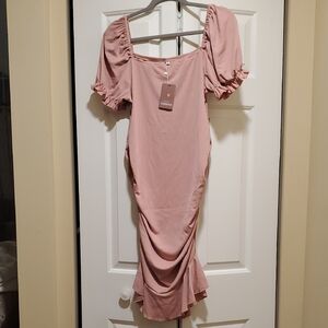 BeautyNee | Puff Sleeve Maternity Bodycon Midi Dress NWT
